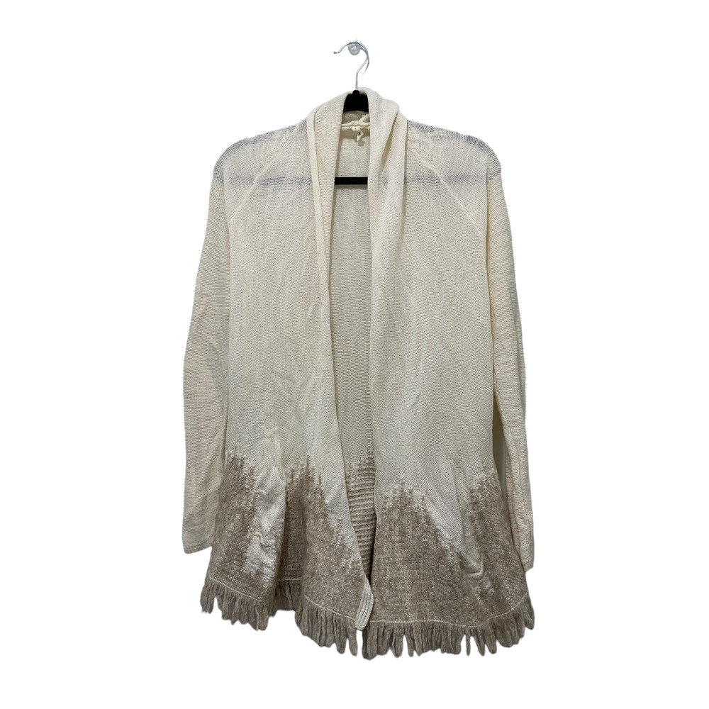 Moth Cream and Tan Open-Front Fringe Hem Cardigan